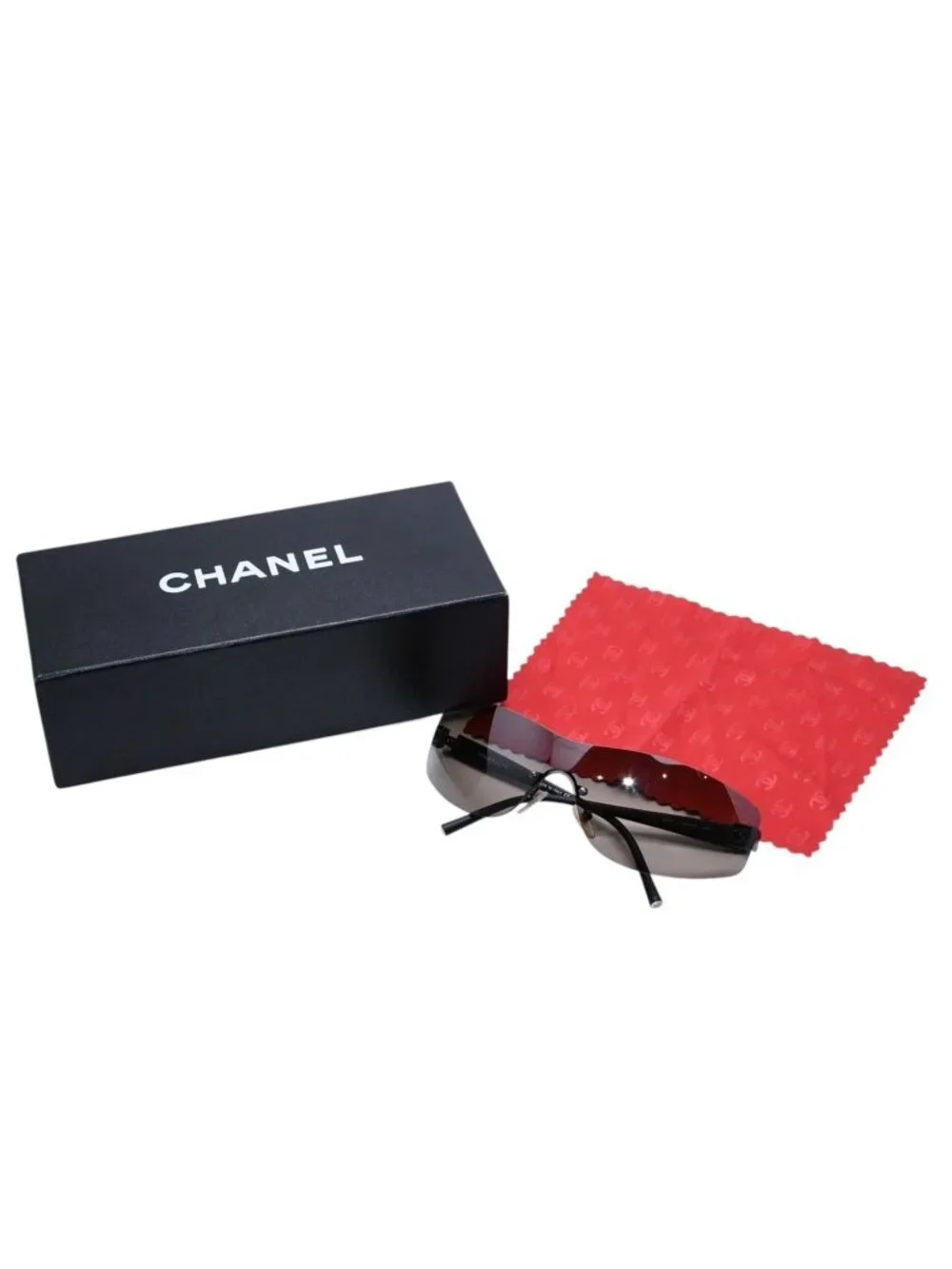 Chanel Rimless Shield Sunglasses Eyewear 120 CC Logo Black Brown